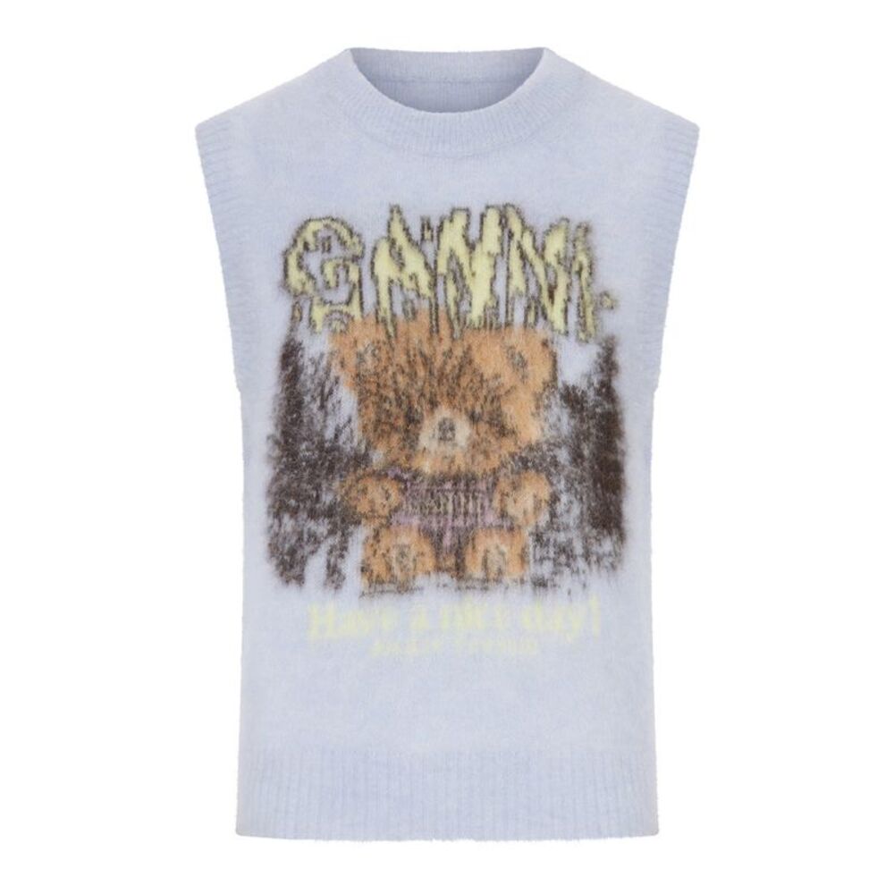 Ganni Women Crewneck Knitted Vest With Front Graphic Intarsia
